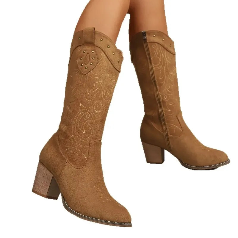 Embroidered Mid-Calf Boots for Women – Stylish & Comfortable Black Design