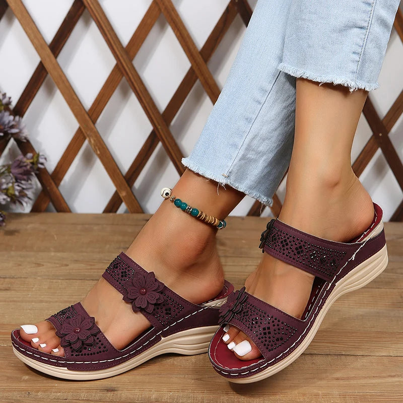 Floral Accent Wedge Sandals for Women – Stylish & Comfortable