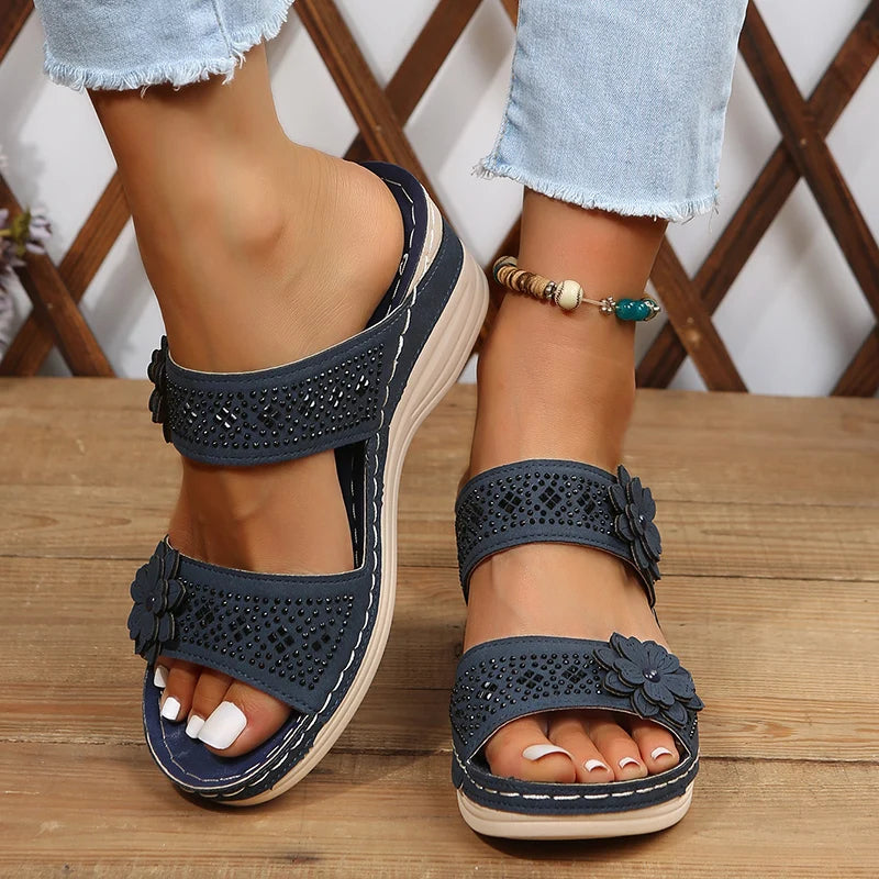 Floral Accent Wedge Sandals for Women – Stylish & Comfortable