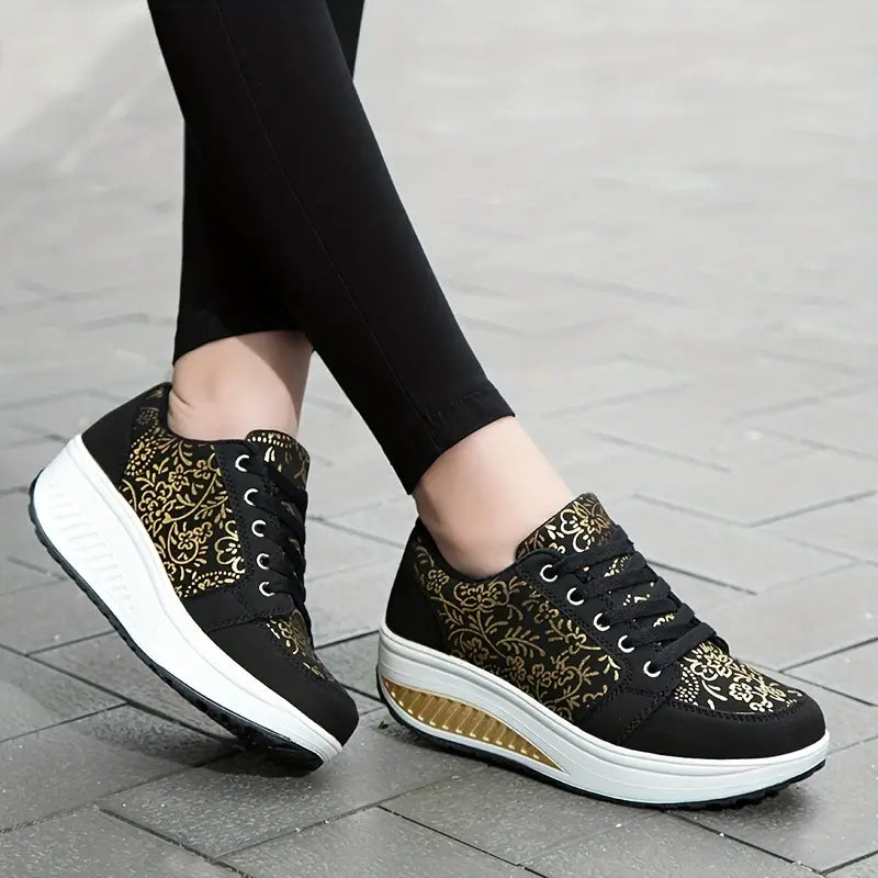 Floral Lace-Up Platform Sneakers for Women – Stylish & Comfortable