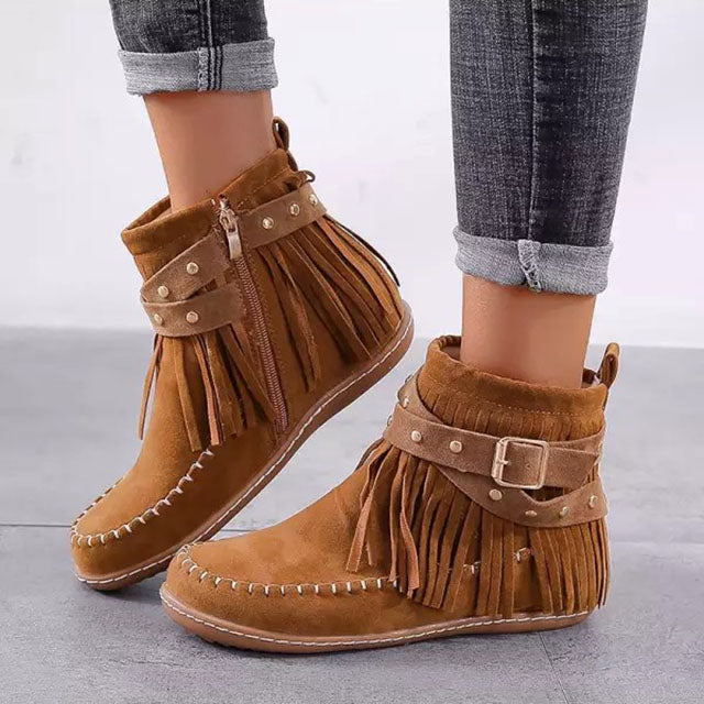 Fringe Flat Buckle Boots for Women – Edgy & Versatile Style