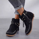 Fringe Flat Buckle Boots for Women – Edgy & Versatile Style