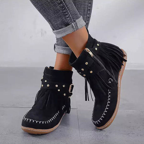 Fringe Flat Buckle Boots for Women – Edgy & Versatile Style