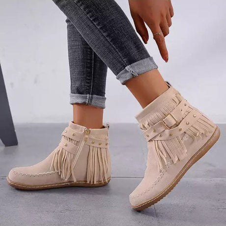 Fringe Flat Buckle Boots for Women – Edgy & Versatile Style