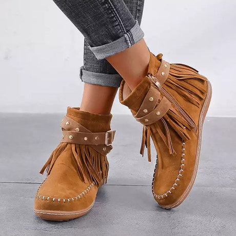 Fringe Flat Buckle Boots for Women – Edgy & Versatile Style
