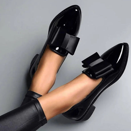 Glossy Black Flats for Women – Chic Slip-On Design with Bow Accent
