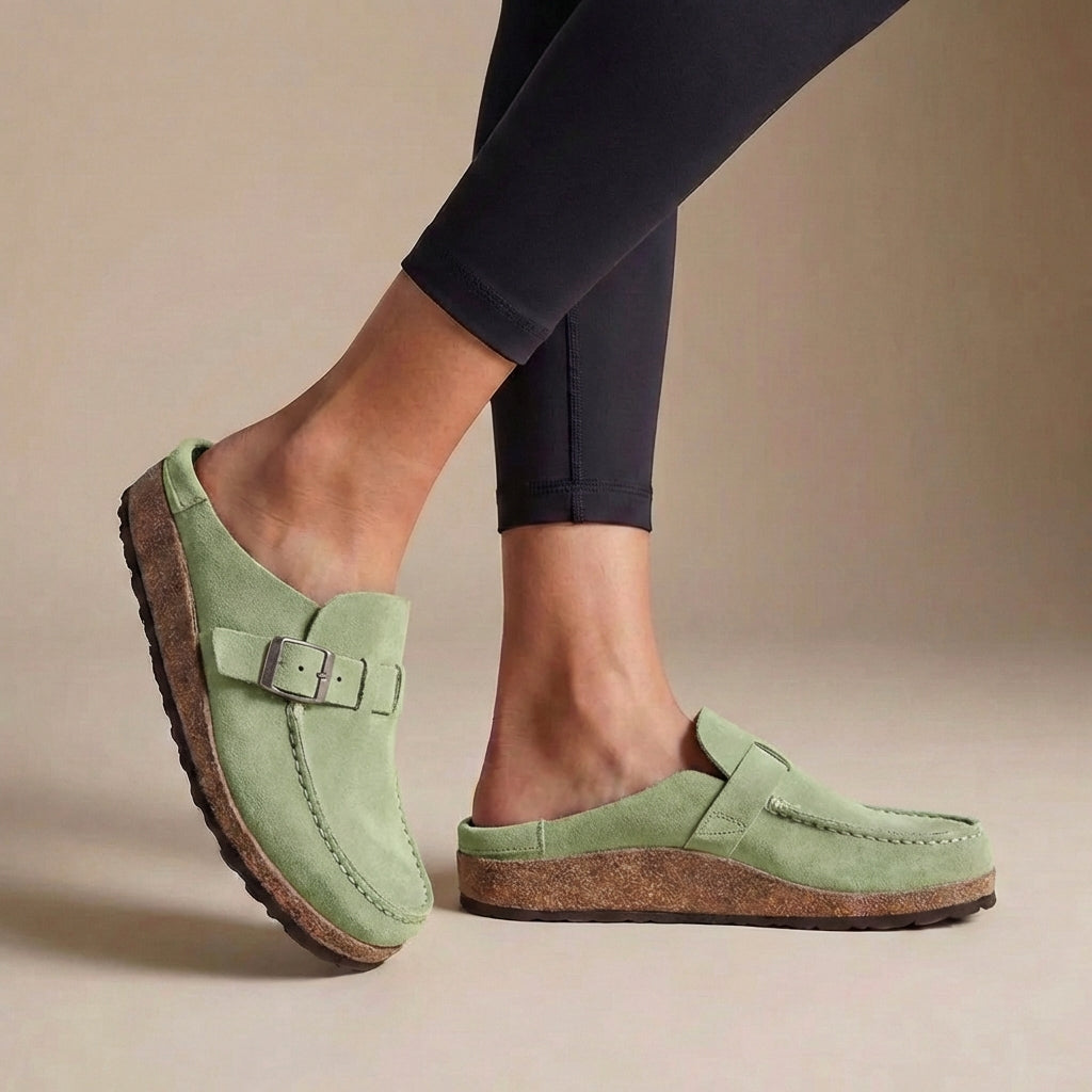 Suede Buckle Clogs for Women – Slip-On Design & Cushioned Cork Support