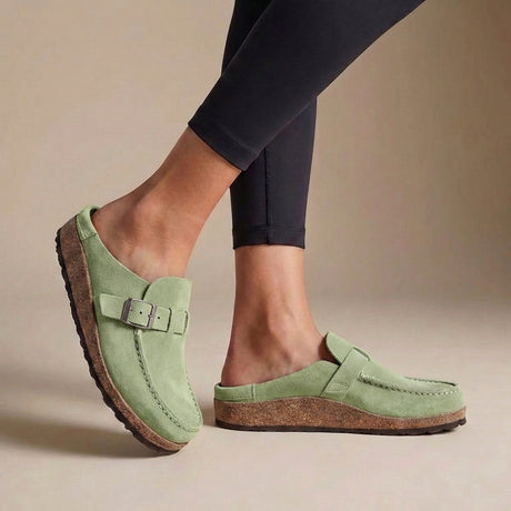 Suede Buckle Clogs for Women – Slip-On Design & Cushioned Cork Support