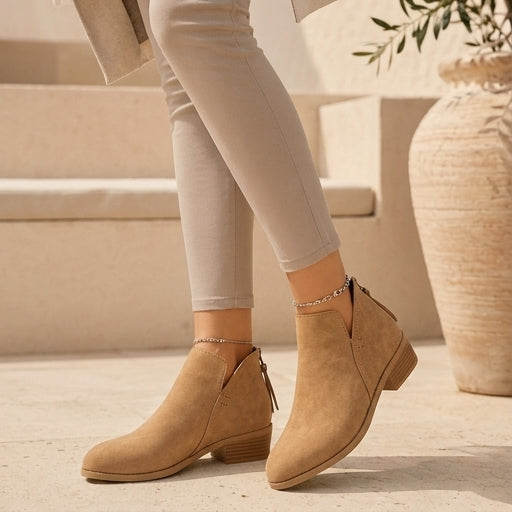 Women's V-Cut Side Zip Ankle Boots – Low Block Heel Comfort