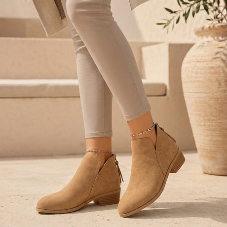 Women's V-Cut Side Zip Ankle Boots – Low Block Heel Comfort