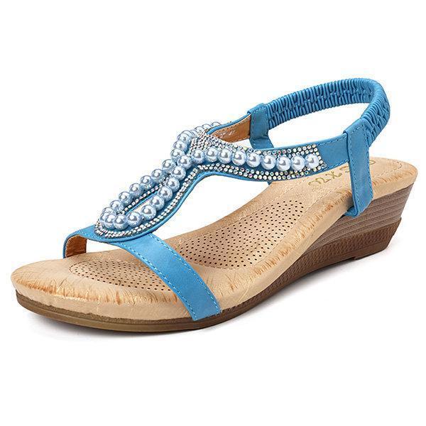 Pearl Rhinestone Wedge Sandals for Women – Elegant & Comfortable Wedge Heels