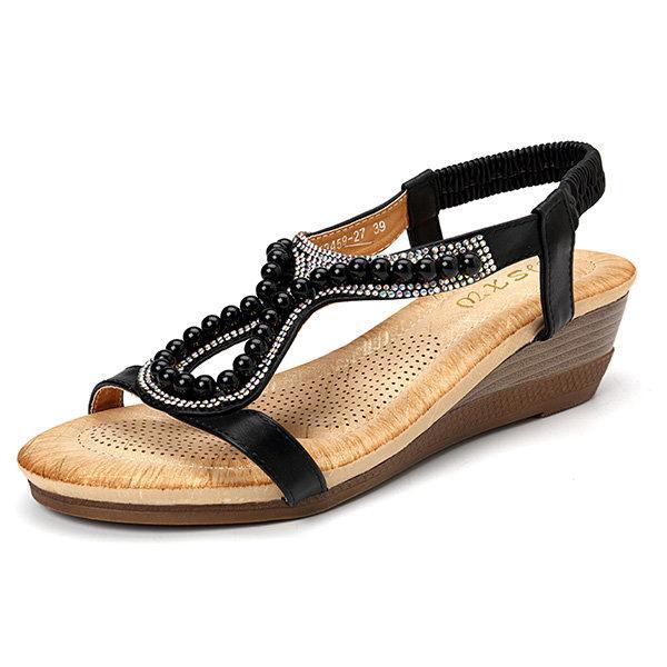 Pearl Rhinestone Wedge Sandals for Women – Elegant & Comfortable Wedge Heels