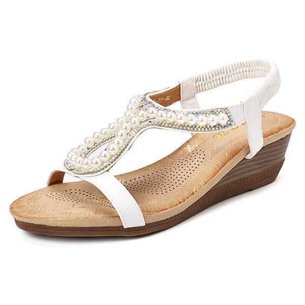 Pearl Rhinestone Wedge Sandals for Women – Elegant & Comfortable Wedge Heels