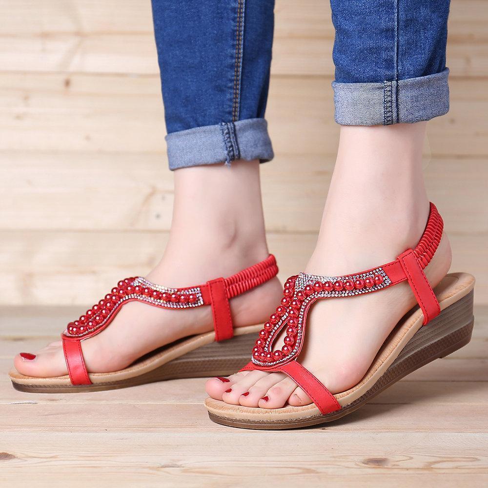 Pearl Rhinestone Wedge Sandals for Women – Elegant & Comfortable Wedge Heels