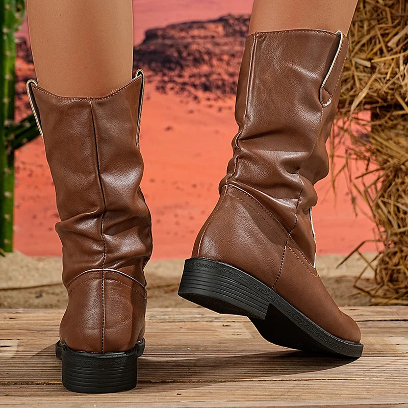 Pleated V-Cut Cowboy Boots for Women – Stylish & Comfortable