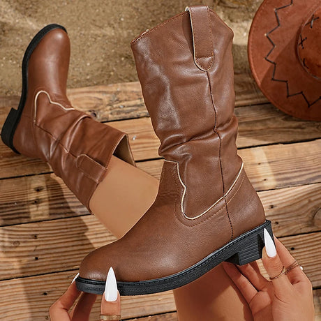 Pleated V-Cut Cowboy Boots for Women – Stylish & Comfortable