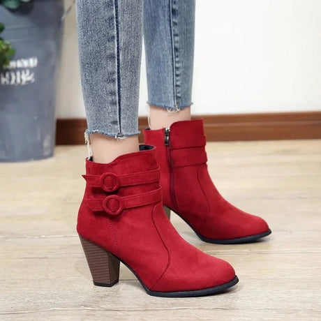 Retro Belt Buckle Block Heel Boots for Women – Stylish & Versatile