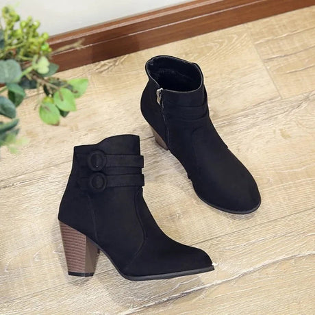 Retro Belt Buckle Block Heel Boots for Women – Stylish & Versatile