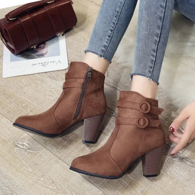 Retro Belt Buckle Block Heel Boots for Women – Stylish & Versatile