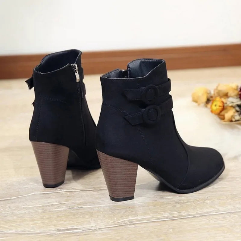 Retro Belt Buckle Block Heel Boots for Women – Stylish & Versatile