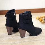 Retro Belt Buckle Block Heel Boots for Women – Stylish & Versatile