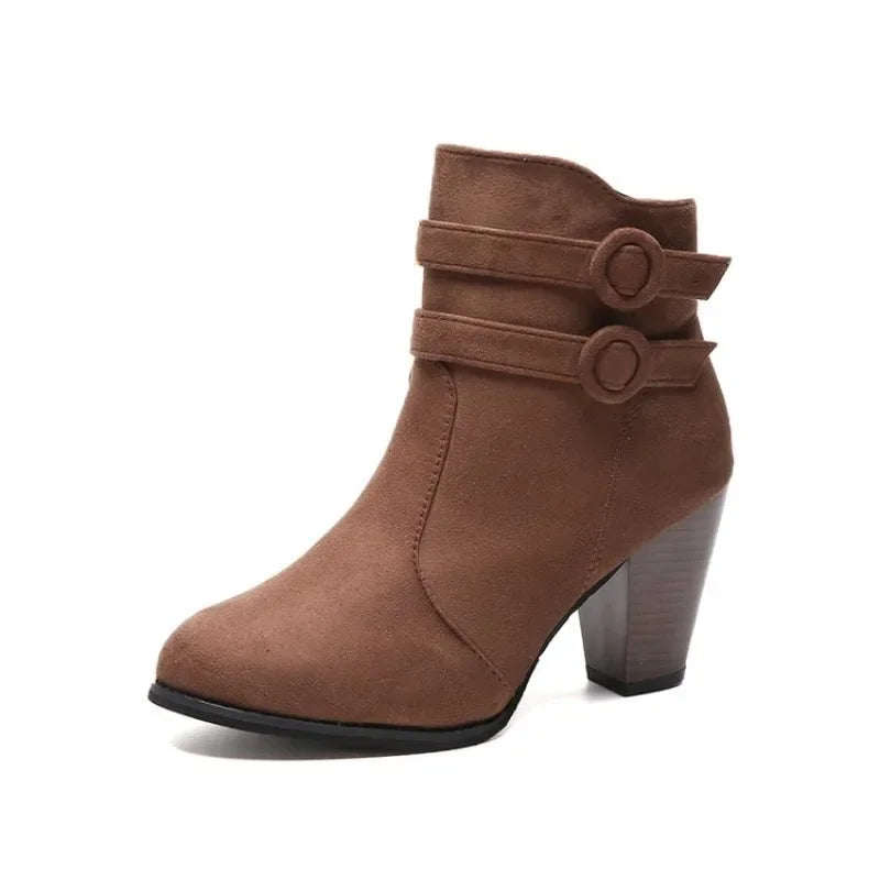 Retro Belt Buckle Block Heel Boots for Women – Stylish & Versatile