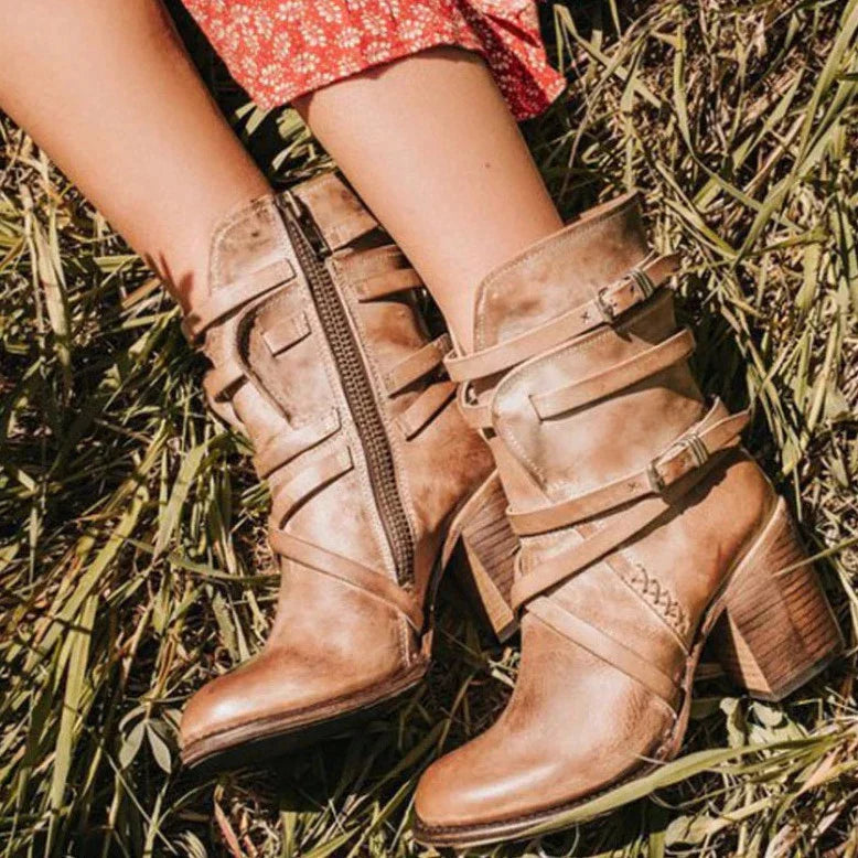 Retro Belt Buckle Boots for Women – Stylish & Comfortable