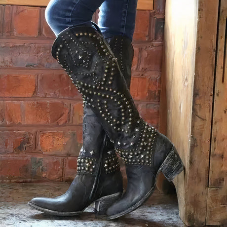Rivet Knee High Boots for Women – Bold & Stylish Black Footwear