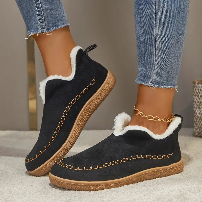 Round Toe Ankle Boots for Women – Cozy Fleece Lining & Stylish Design