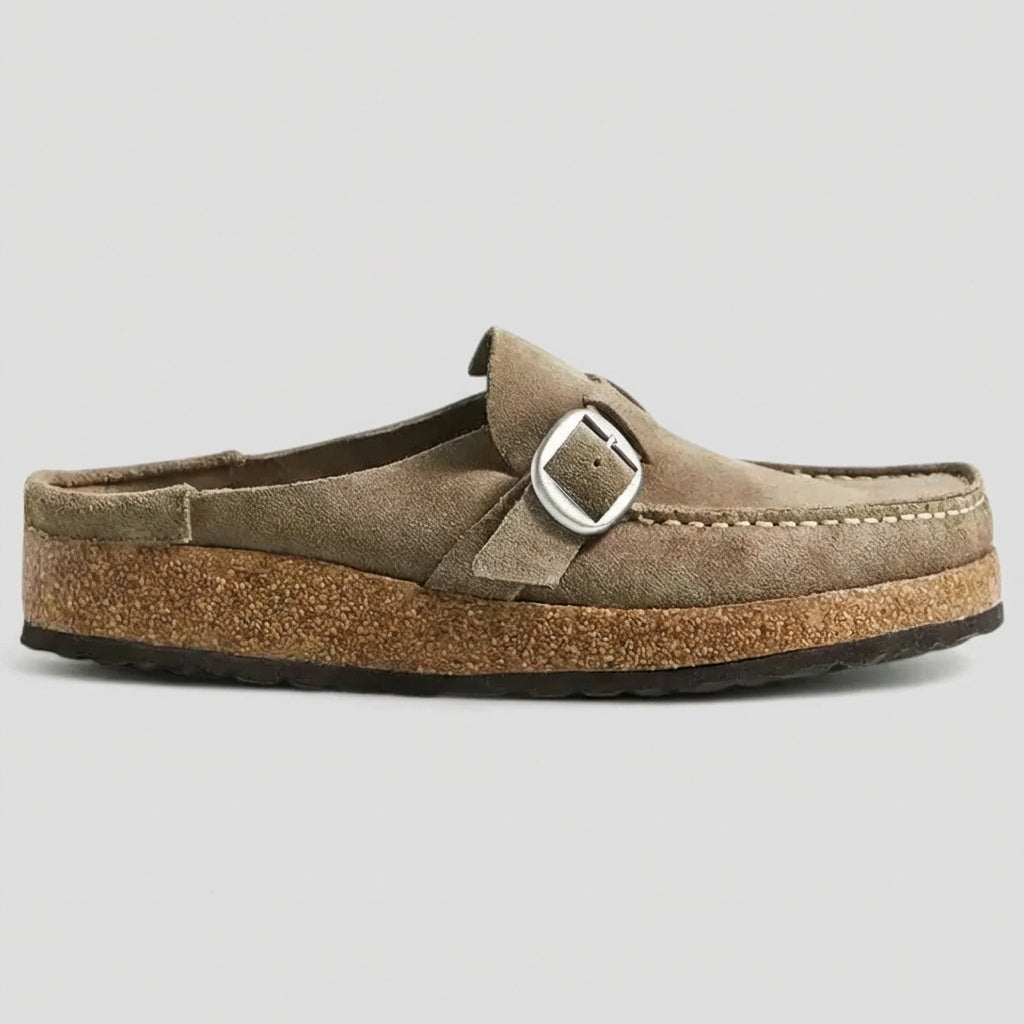 Suede Buckle Clogs for Women – Slip-On Design & Cushioned Cork Support