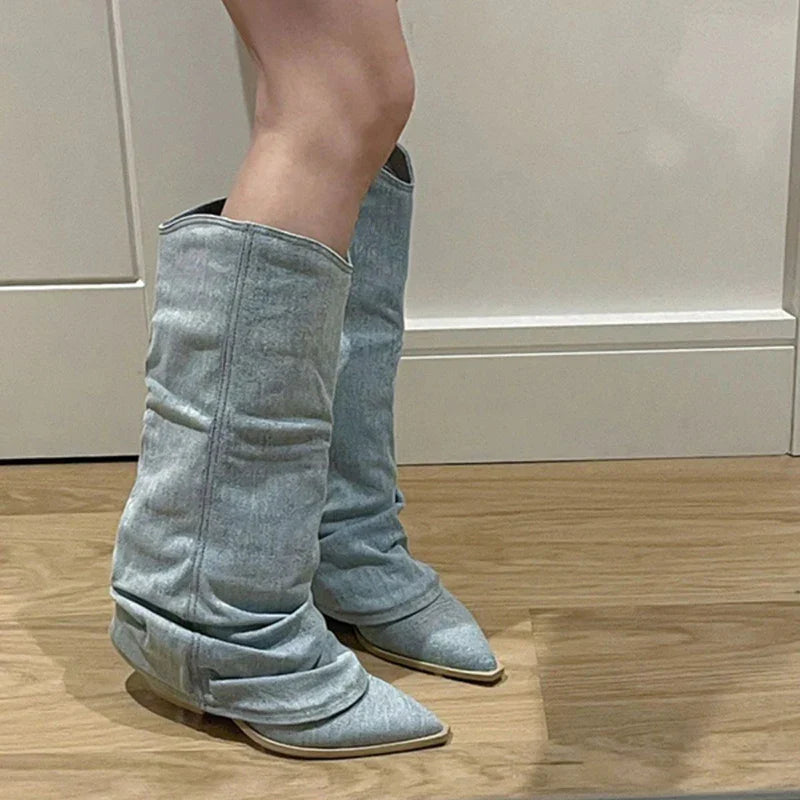 Slouchy Denim Knee-High Boots for Women – Chic & Comfortable