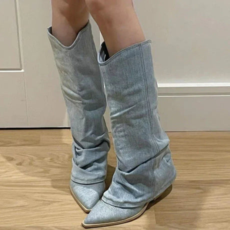 Slouchy Denim Knee-High Boots for Women – Chic & Comfortable