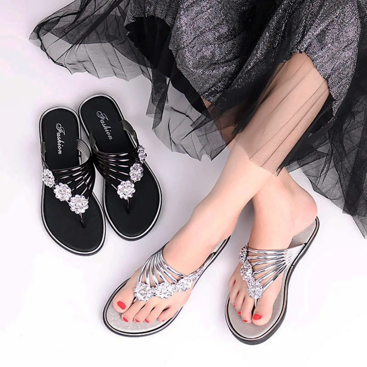 Strappy Women's Sandals – Elegant Floral Rhinestone Accents & All-Day Comfort