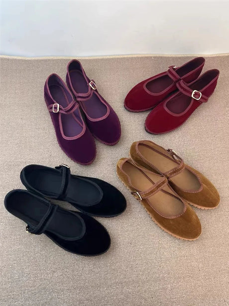 Velvet Mary Jane Flats for Women – Stylish & Comfortable Black Ballet Shoes