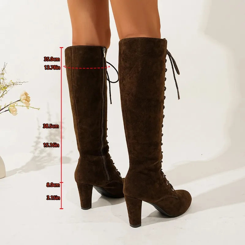 Vintage Cross Strap Knee High Boots for Women – Stylish & Elegant