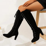 Vintage Cross Strap Knee High Boots for Women – Stylish & Elegant