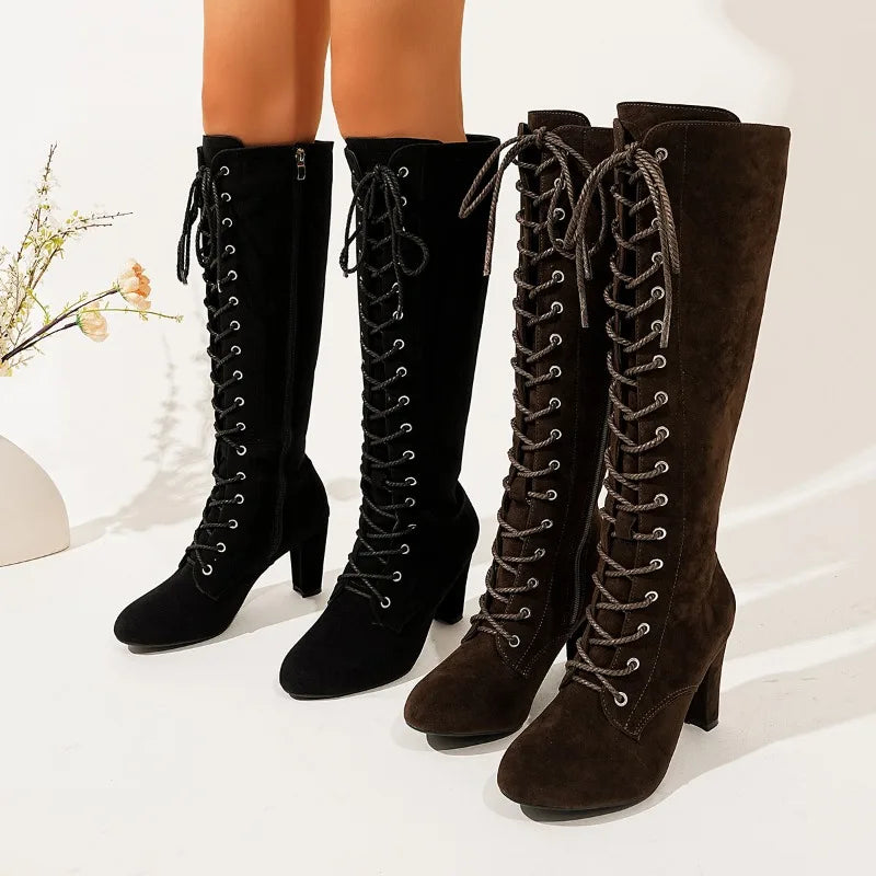 Vintage Cross Strap Knee High Boots for Women – Stylish & Elegant