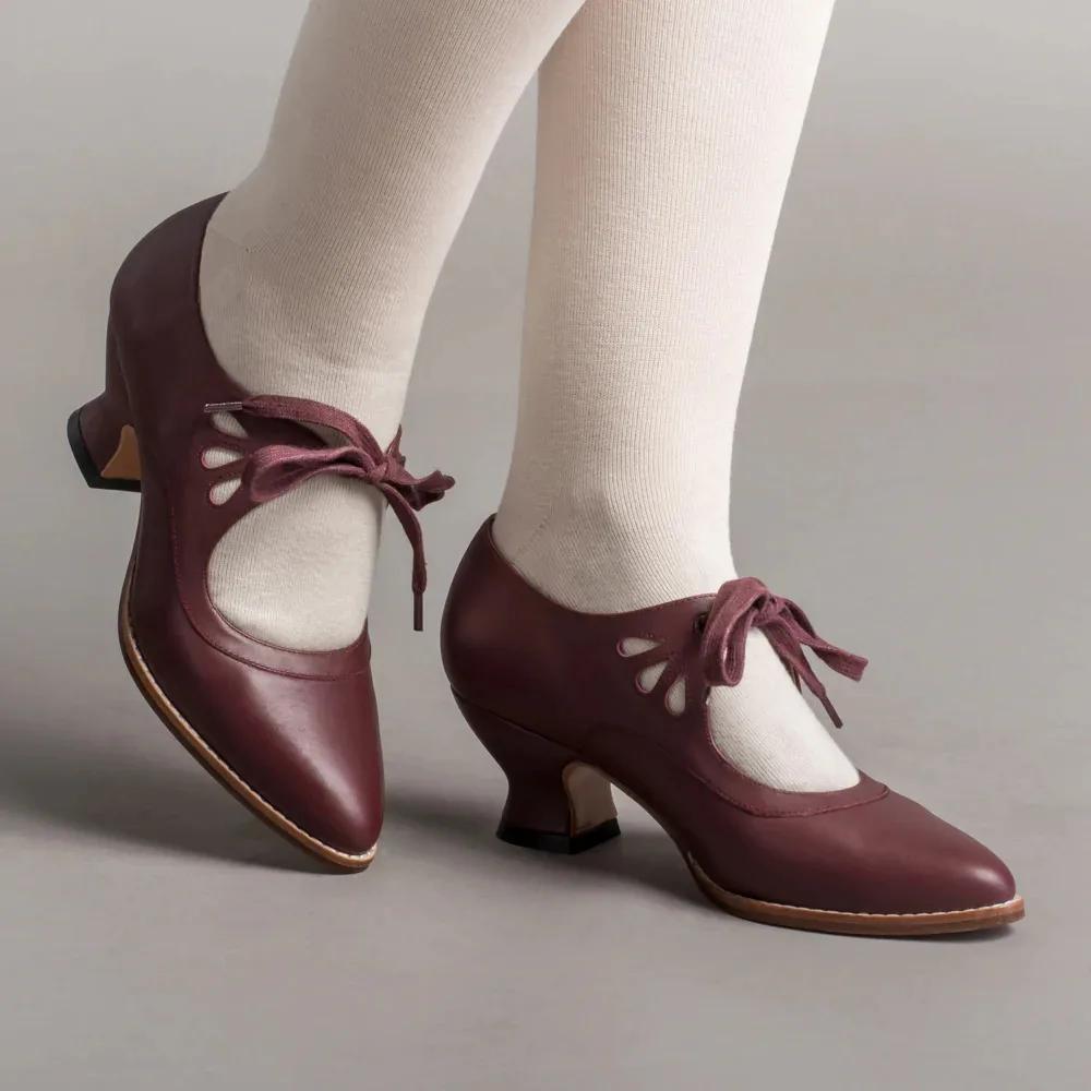 Vintage Mary Jane Heels – Retro Lace-Up Cutout Dress Shoes for Women