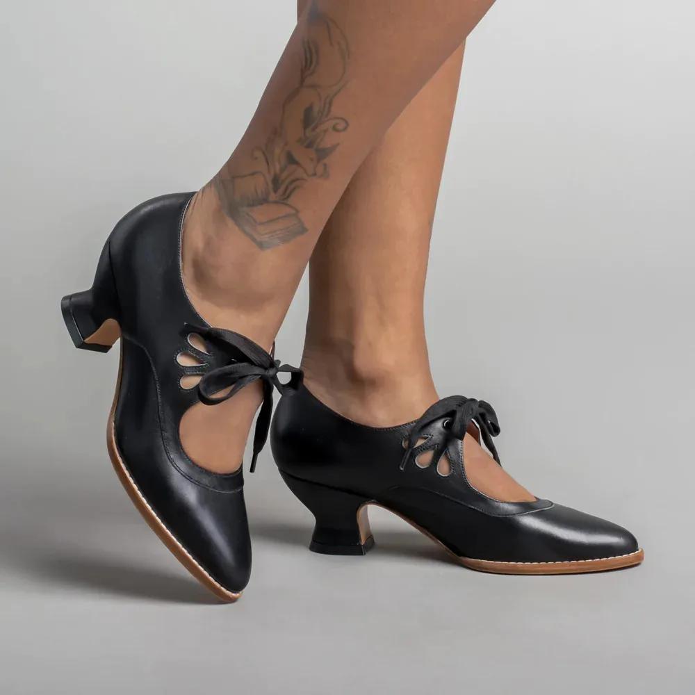 Vintage Mary Jane Heels – Retro Lace-Up Cutout Dress Shoes for Women