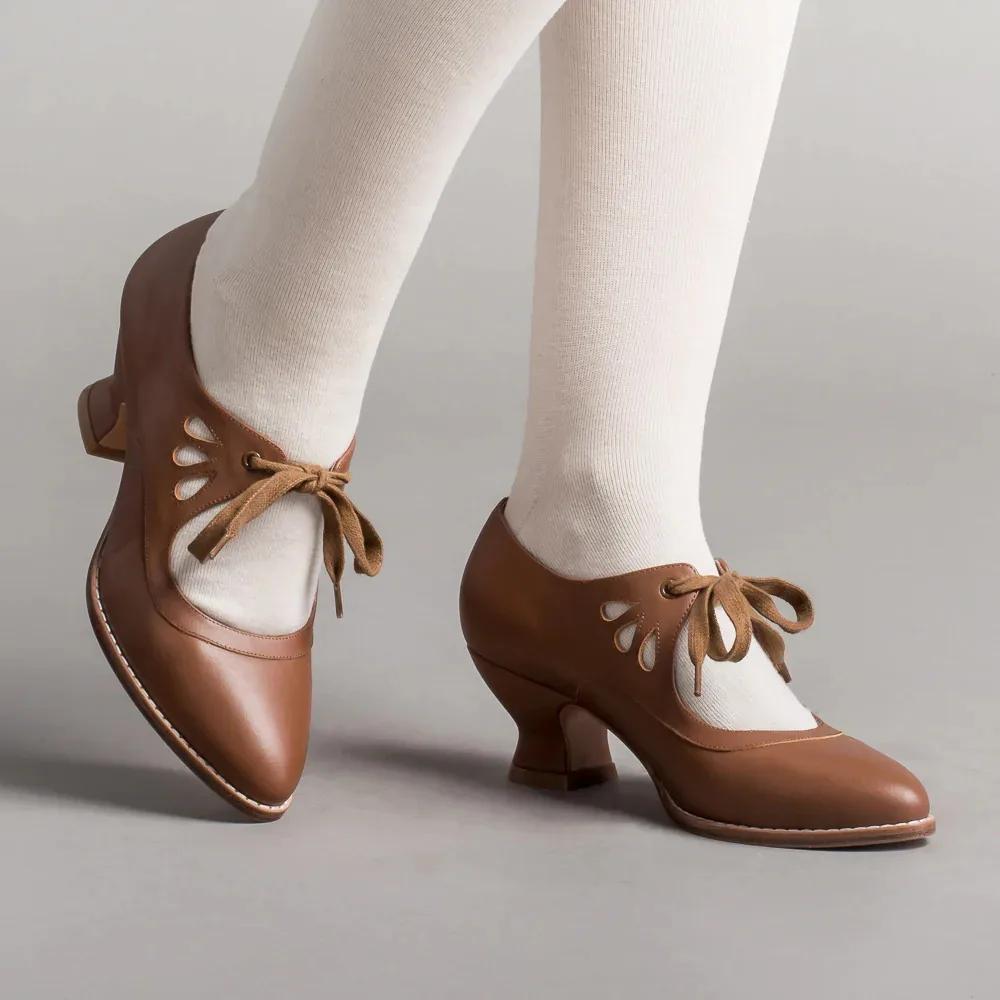 Vintage Mary Jane Heels – Retro Lace-Up Cutout Dress Shoes for Women