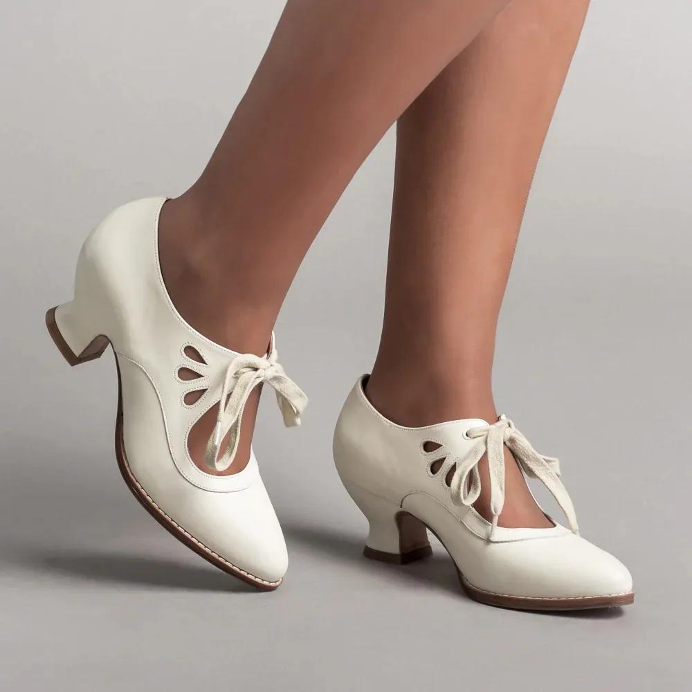 Vintage Mary Jane Heels – Retro Lace-Up Cutout Dress Shoes for Women
