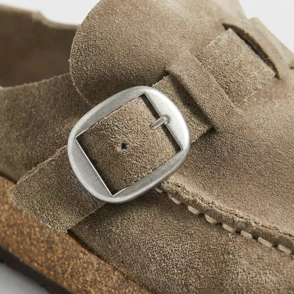 Suede Buckle Clogs for Women – Slip-On Design & Cushioned Cork Support